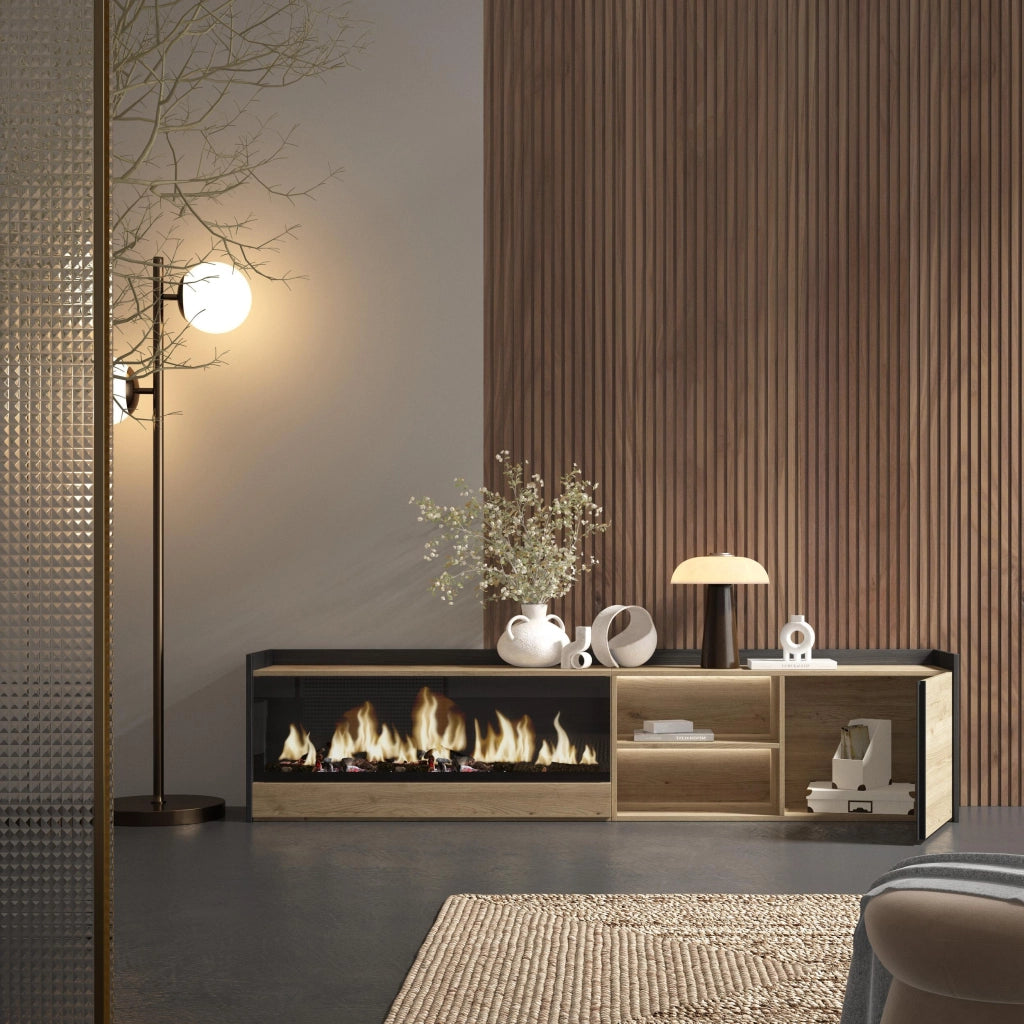 Mobile TV Soggiorno, 212x50x35 cm, Per TV fino a 80", Camino elettrico XXL, LED, Rovere e nero