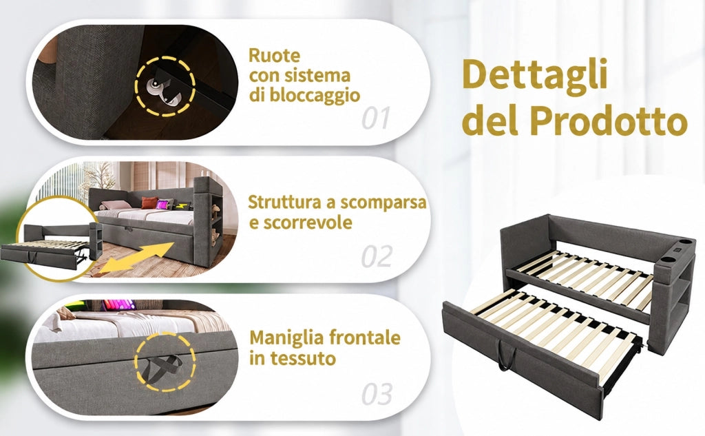 Letto imbottito 140x190 in lino grigio con due cassetti contenitore e LED