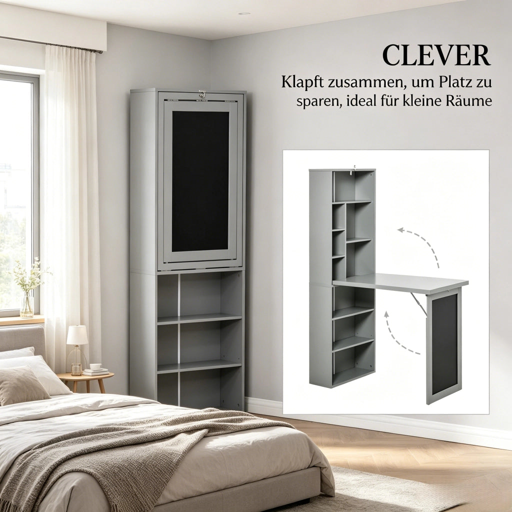 Scrivania pieghevole a parete con libreria e lavagna per home office, in MDF e legno, nero, 98 × 51 × 153 cm