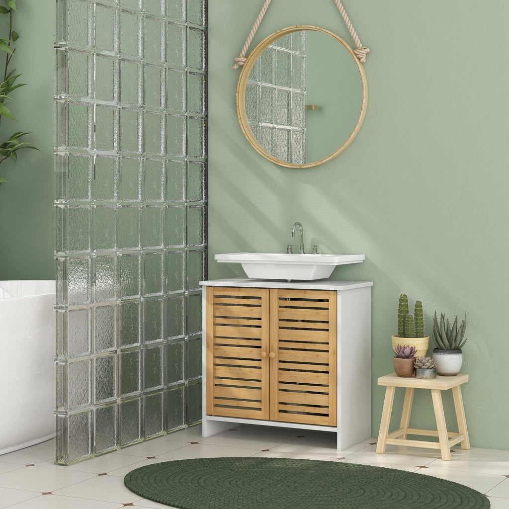 Mobiletto sottolavabo 2 ante ripiano regolabile ¨C zephmum ¨C bianco bamb¨´ 60x30x60 cm