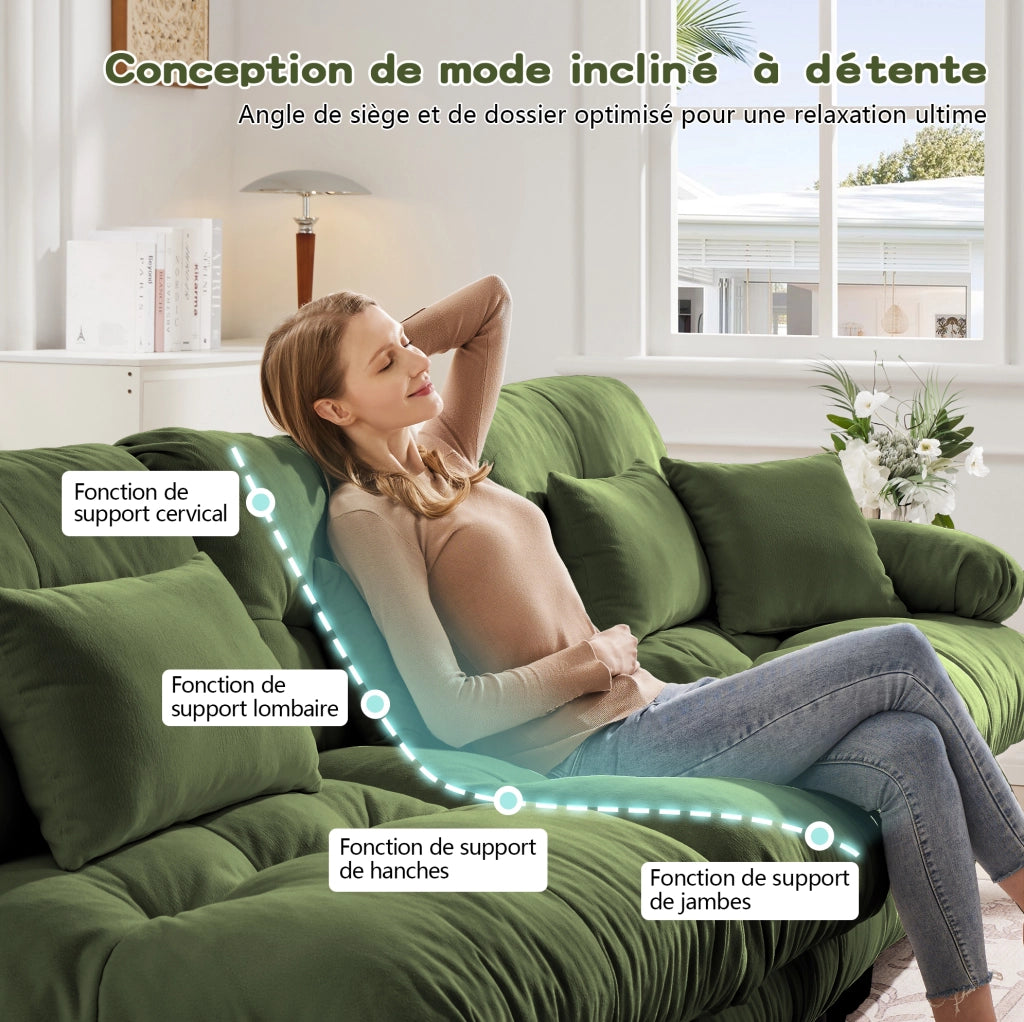Divano angolare in chenille verde con 2 cuscini lombari, 2 cuscini decorativi e 2 pouf