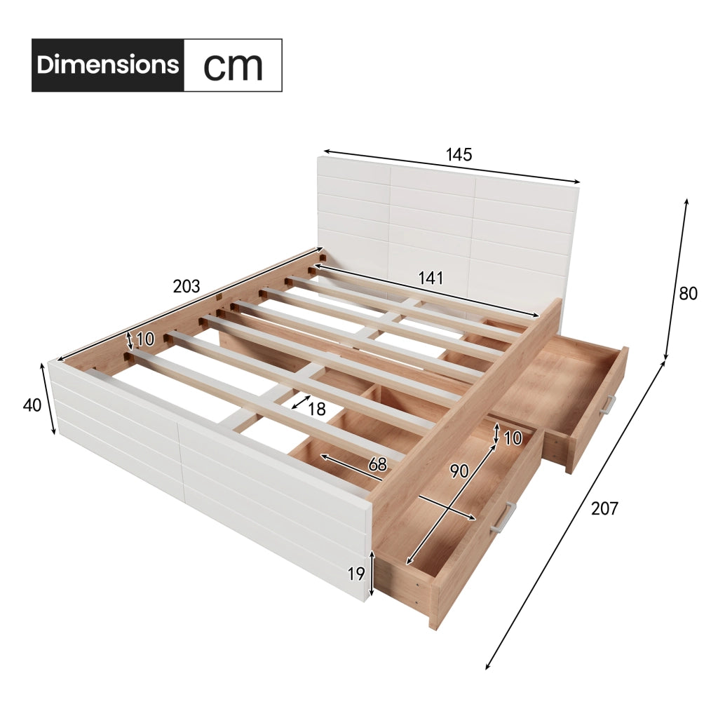 OKWISH Letto con Cassetti 140×200 cm, Letto Matrimoniale con 2 Cassetti e Ampio Spazio Contenitore, senza Materasso, in Legno Massello e MDF, Bianco e Rovere