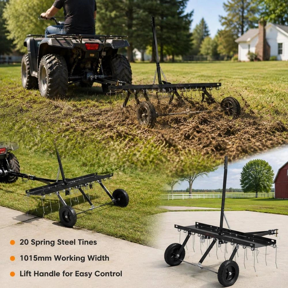 Pull-along Scarifier, 40-inch Pull-along Scarifier With 20 Spring Steel Tines, Pull-along Lawn Rake For Off-road Vehicles Or Lawnmowers, Pull-along Lawn Rake With Lifting Handle For Lawn In The Garden
