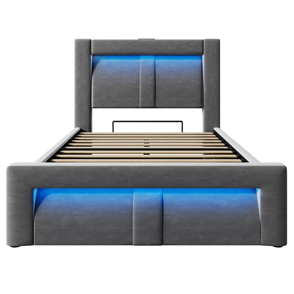 Letto Contenitore 90x200 cm; Letto Singolo con USB; Type-C e LED Regolabile - Grigio