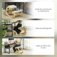 Sedia Inginocchiatoio con Movimento a Dondolo, in Tessuto Effetto Lino e Legno di Betulla, 55x85x55 cm, Crema