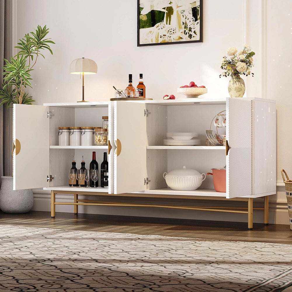 Credenza 160cm Texturizzata - Xylo - 4 Ante con Maniglie Oro, Colore Bianco