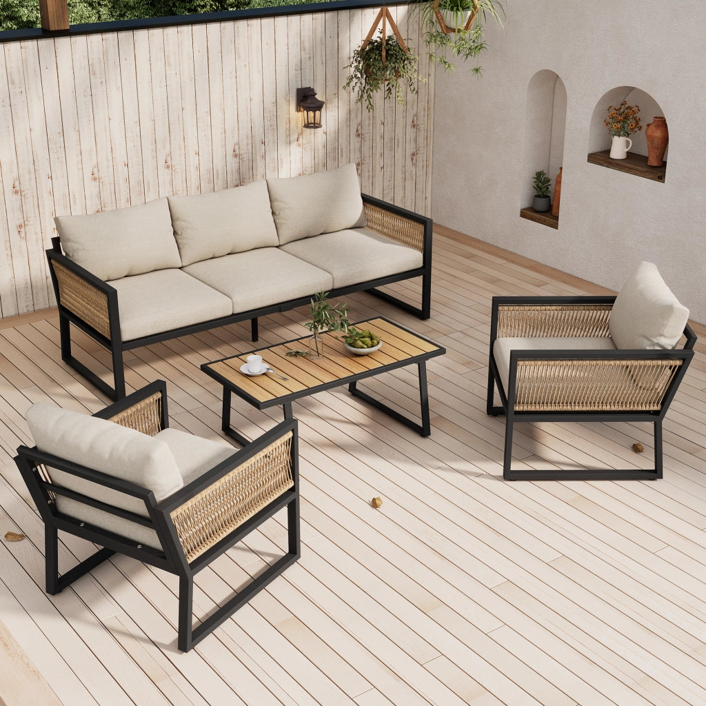 Set poltrona per mobili da giardino 4 pezzi. Set di mobili da giardino divano a 3 posti 2 poltrone e tavolino da caff¨¨ esterno piano tavolo in legno in plastica braccioli in corda intrecciata acciaio zincato beige