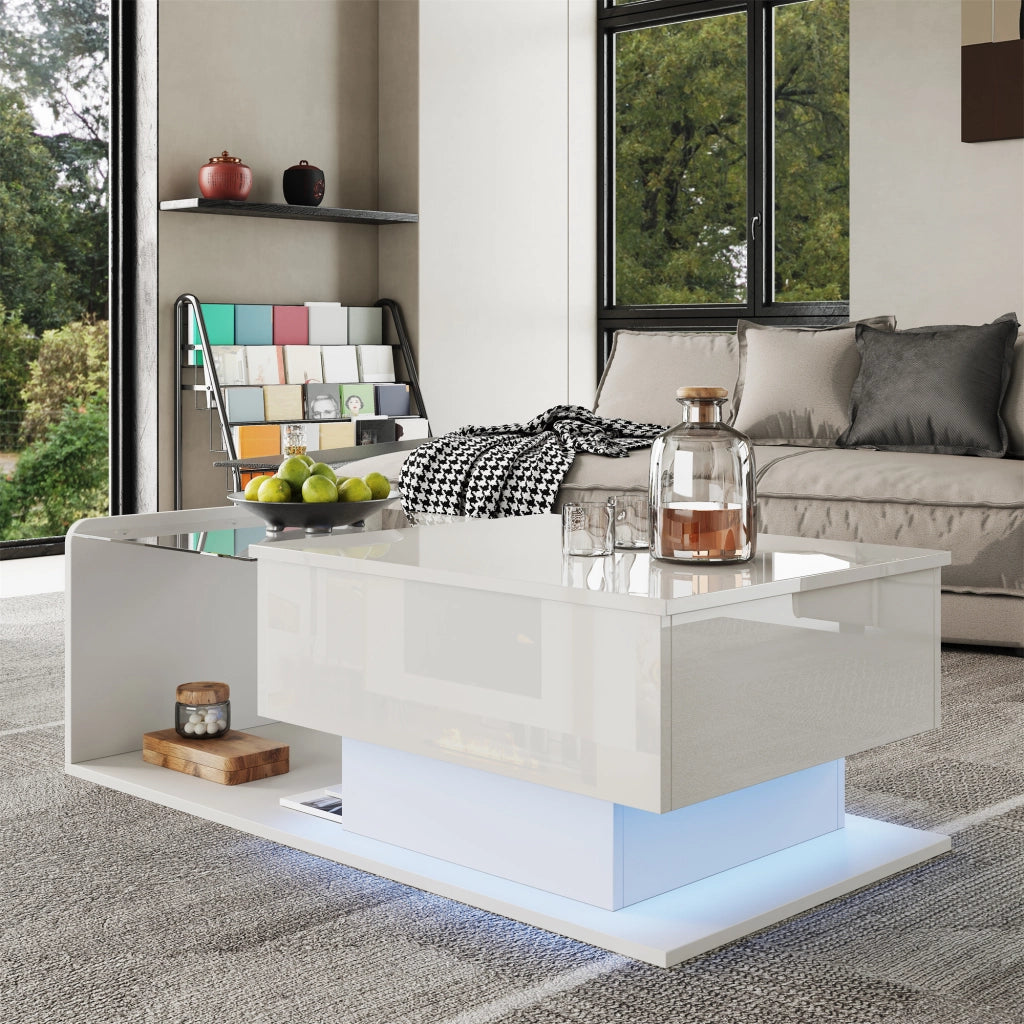 TAVOLINO DA SALOTTO ALZABILE 100x50x33/47,5 cm Bianco Lucido con piano in vetro