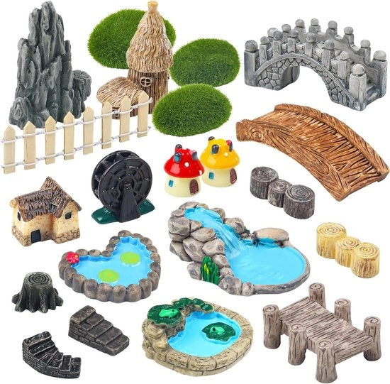 Set di Miniature da Giardino da 21 pezzi - Costruzione di Casa Paesaggio di Accessori con Fontana d'Acqua e Funghi - Per DIY Artigianato e Decorazione di Giardino