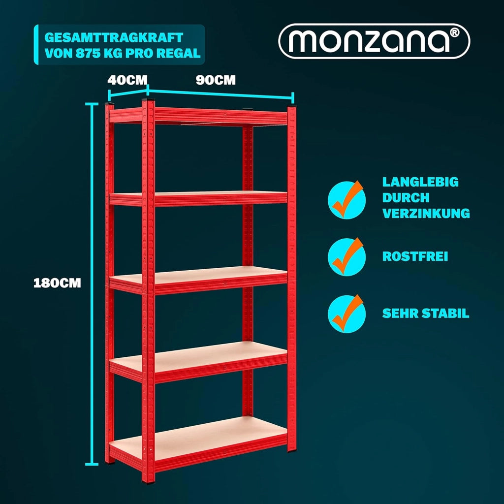 Scaffale in Metallo 2 pz 180x90x40cm 875kg Scaffalatura Officina Magazzino 5 Ripiani MDF Rosso