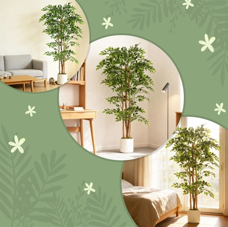 Pianta artificiale Banyan 75x75x180 cm con foglie regolabili in plastica verde