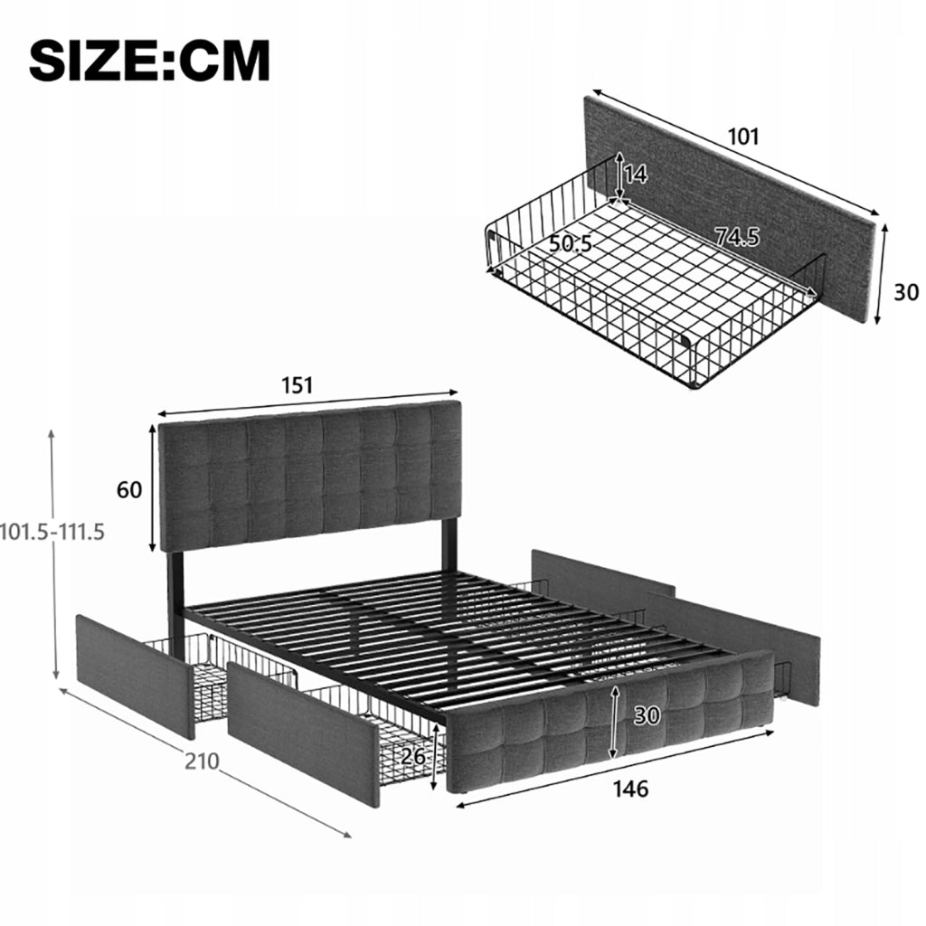 Letto singolo con 4 cassetti e testiera regolabile - Xylo - 140x200 cm - Grigio