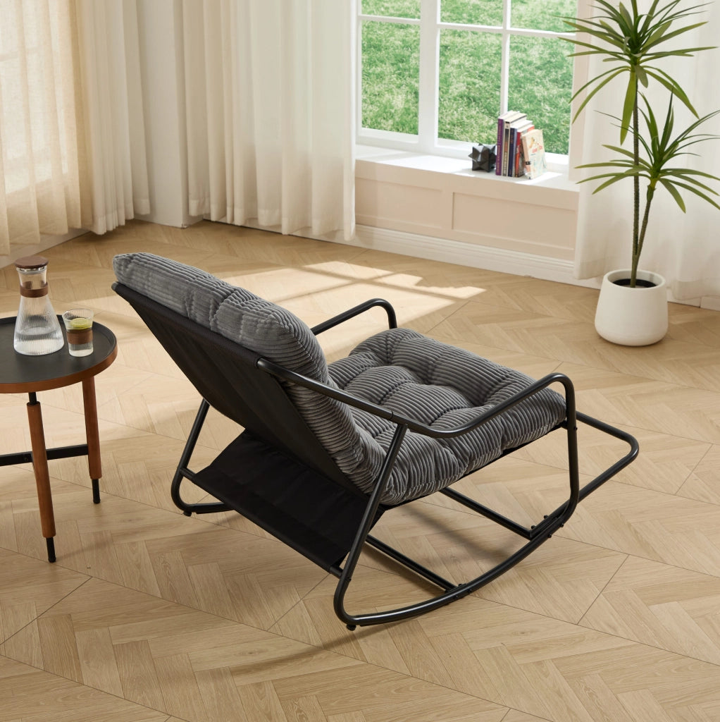 Poltrona a dondolo da esterno regolabile 75x116x82 cm in acciaio con cuscino grigio