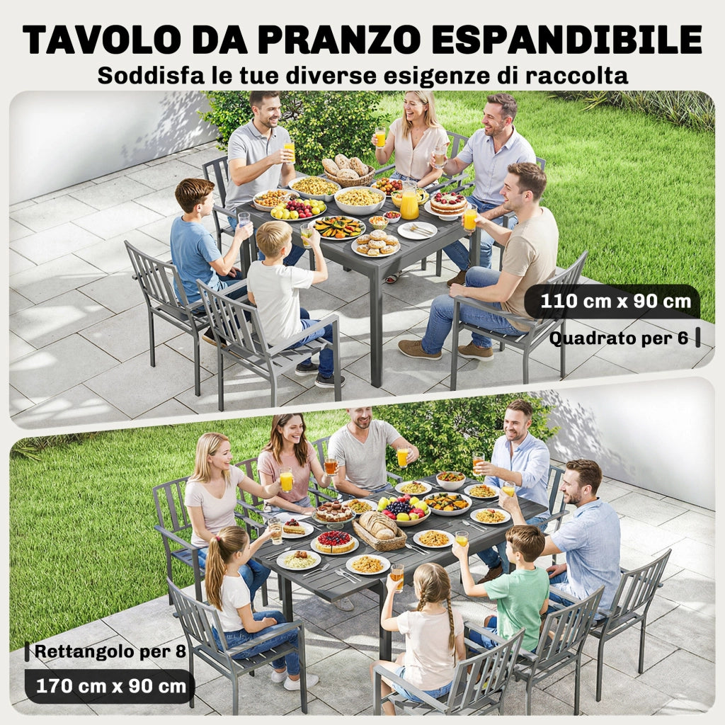 Tavolo da Giardino Allungabile 110-170x90x75 cm per 6-8 Persone con Piano a Doghe in Alluminio Grigio Scuro