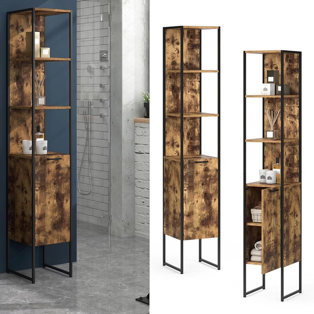 Mobile bagno alto Fyrk, Legno antico, 33 x 185 cm, per la conservazione di articoli da bagno e asciugamani