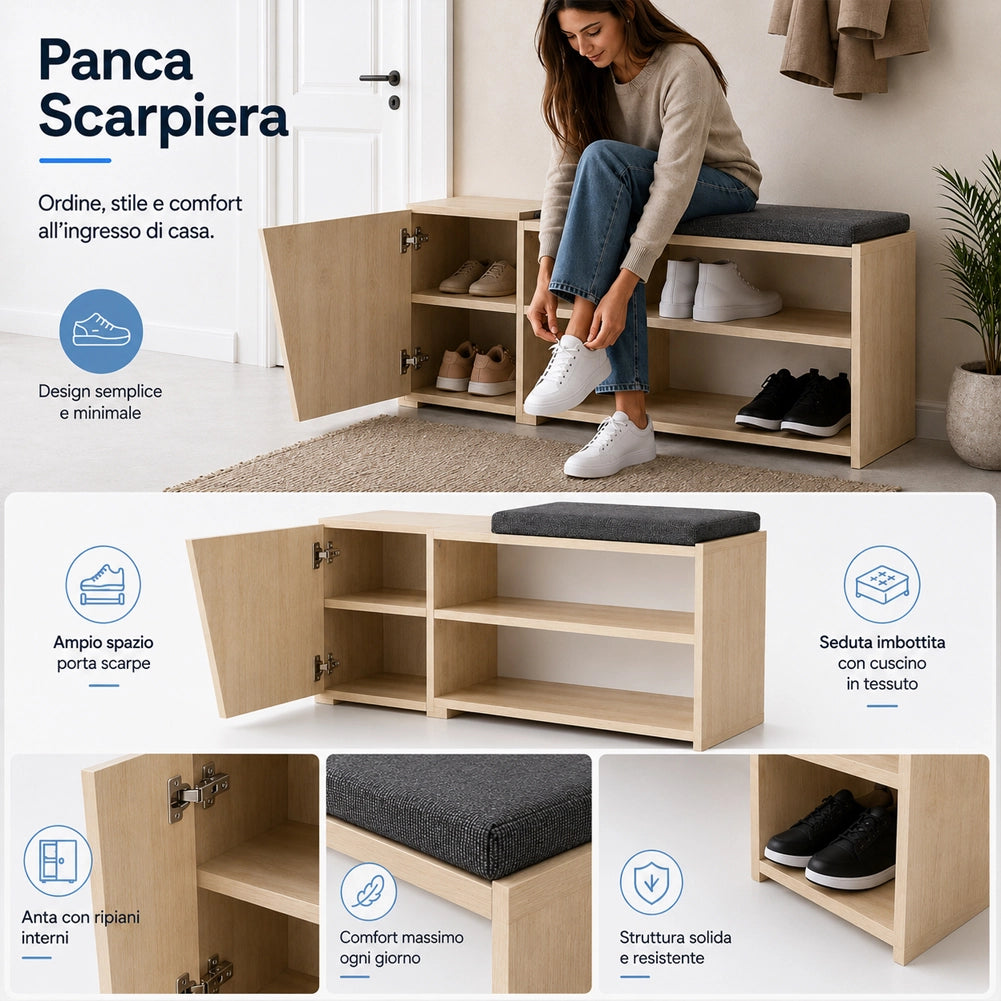 Panca Scarpiera Ingresso Casa 2 Ripiani Porta Scarpe con Anta e Cuscino Quercia