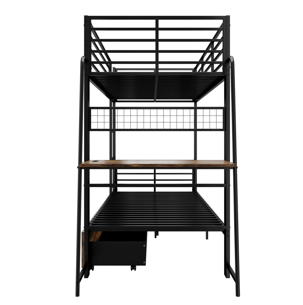 Letto a soppalco 90x200 cm con scrivania; illuminazione LED; MDF e metallo; nero