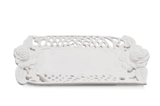 Piatto Decorativo Rettangolare in Ceramica Traforato Bianco 30 x 16 cm