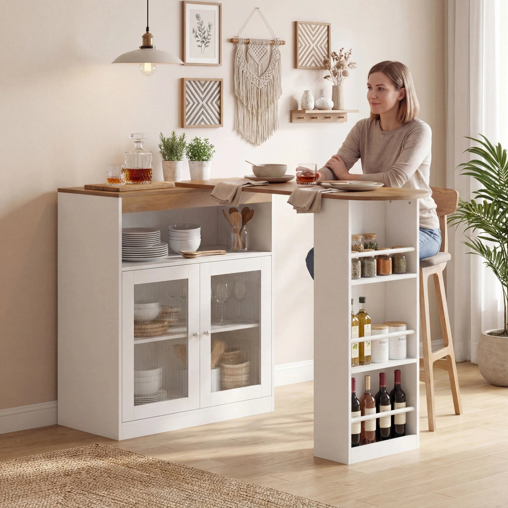 Tavolo da bar allungabile e girevole 90¡ã ¨C zephmum ¨C Bianco e naturale 150x80x105,5 cm