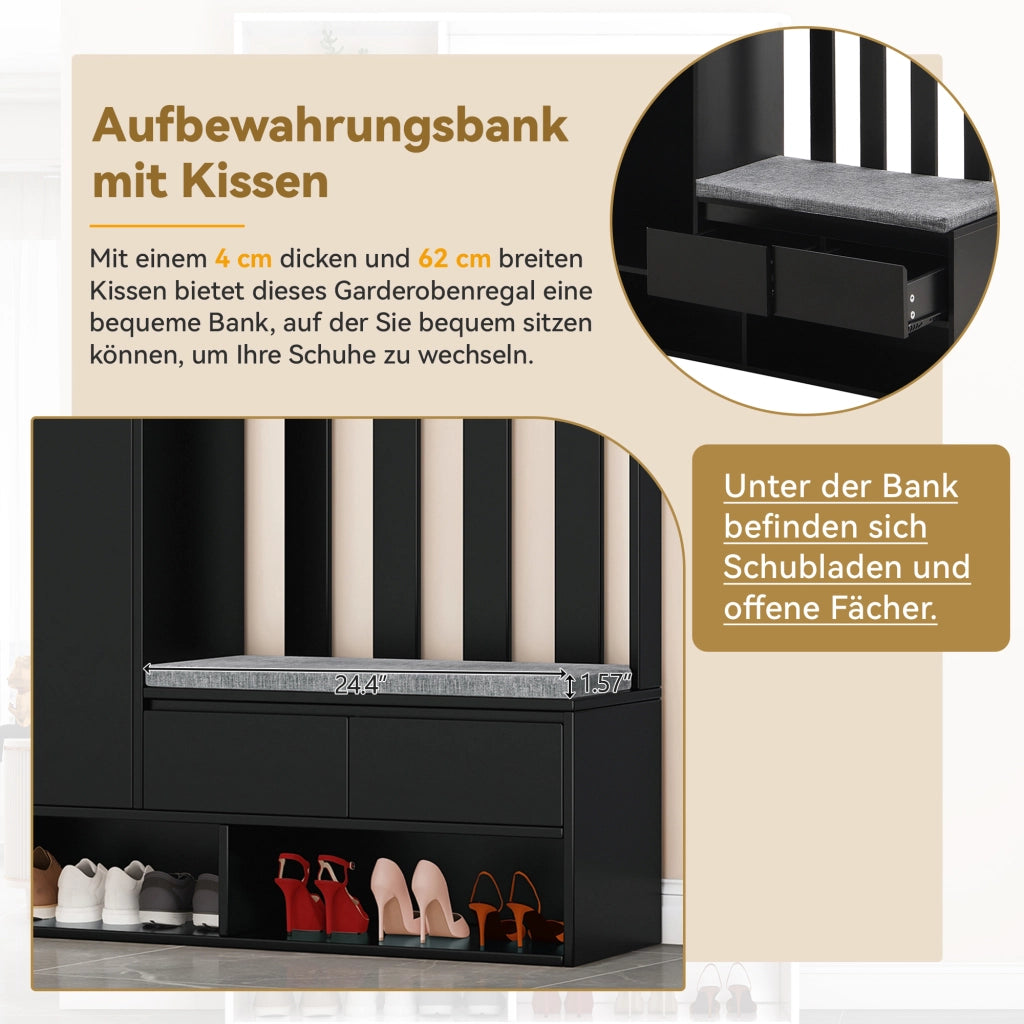 Mobile d'Ingresso con Panca Imbottita; Pannello Forato; 4 Ganci e 1 Cassetto; Stile Moderno; in MDF; 100??35??180 cm; Nero