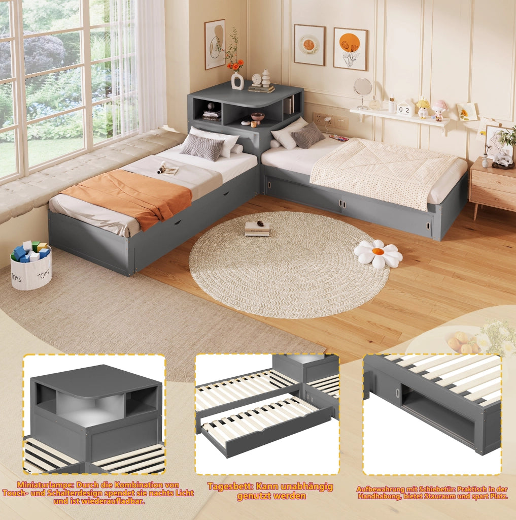 Letto singolo 90x200 cm con letto estraibile; contenitore con ante scorrevoli e luce notturna; grigio