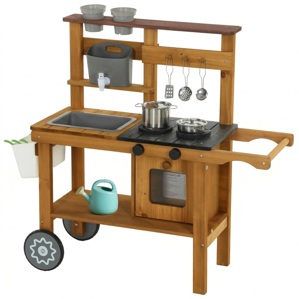 Cucina Giocattolo Esterna per Bambini ¨C zephmum ¨C Legno, Marrone con Rubinetto e Ruote