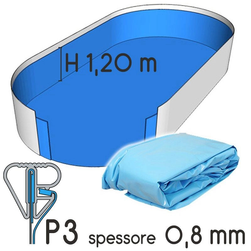 Liner Per Piscina A Forma Ovale 5,25 X 3,20 X H. 1,20 M Azzurro - Attacco P3 - Spessore 0,80 Mm