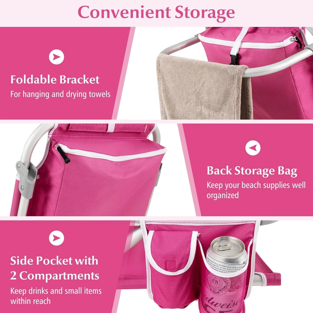 Sedia da spiaggia pieghevole, da campeggio con schienale regolabile in 5 posizioni, porta asciugamani, borsa e cuscino, 2 in 1, sedia pieghevole e sedia a sdraio, fino a 150 kg (65 x 66 x 78