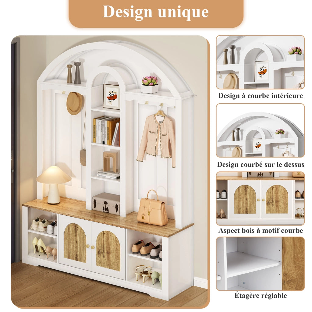 Mobile d'ingresso con 2 Ante; 3 Nicchie e Ganci; con Striscia LED USB; Stile Scandinavo; in MDF; 150??40??195 cm; Bianco