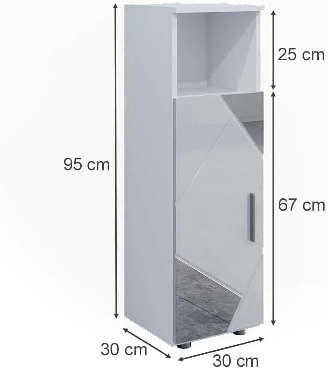Mobiletto bagno Irma, Bianco lucido con inserti, 30 x 95 cm, per la conservazione di accessori da bagno e combinabile con Irma