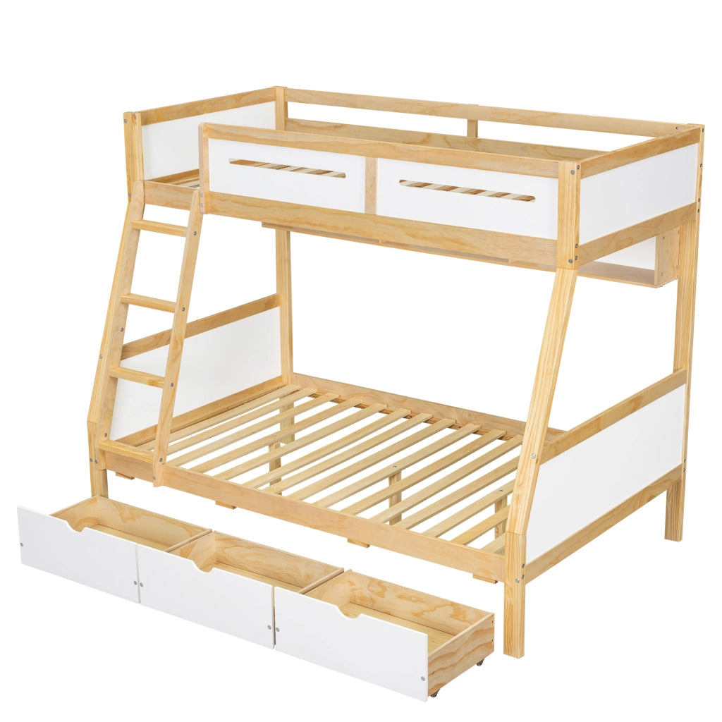 Letto a Castello 90x200 cm e 120x200 cm con 3 Cassetti e Libreria - Bianco Naturale