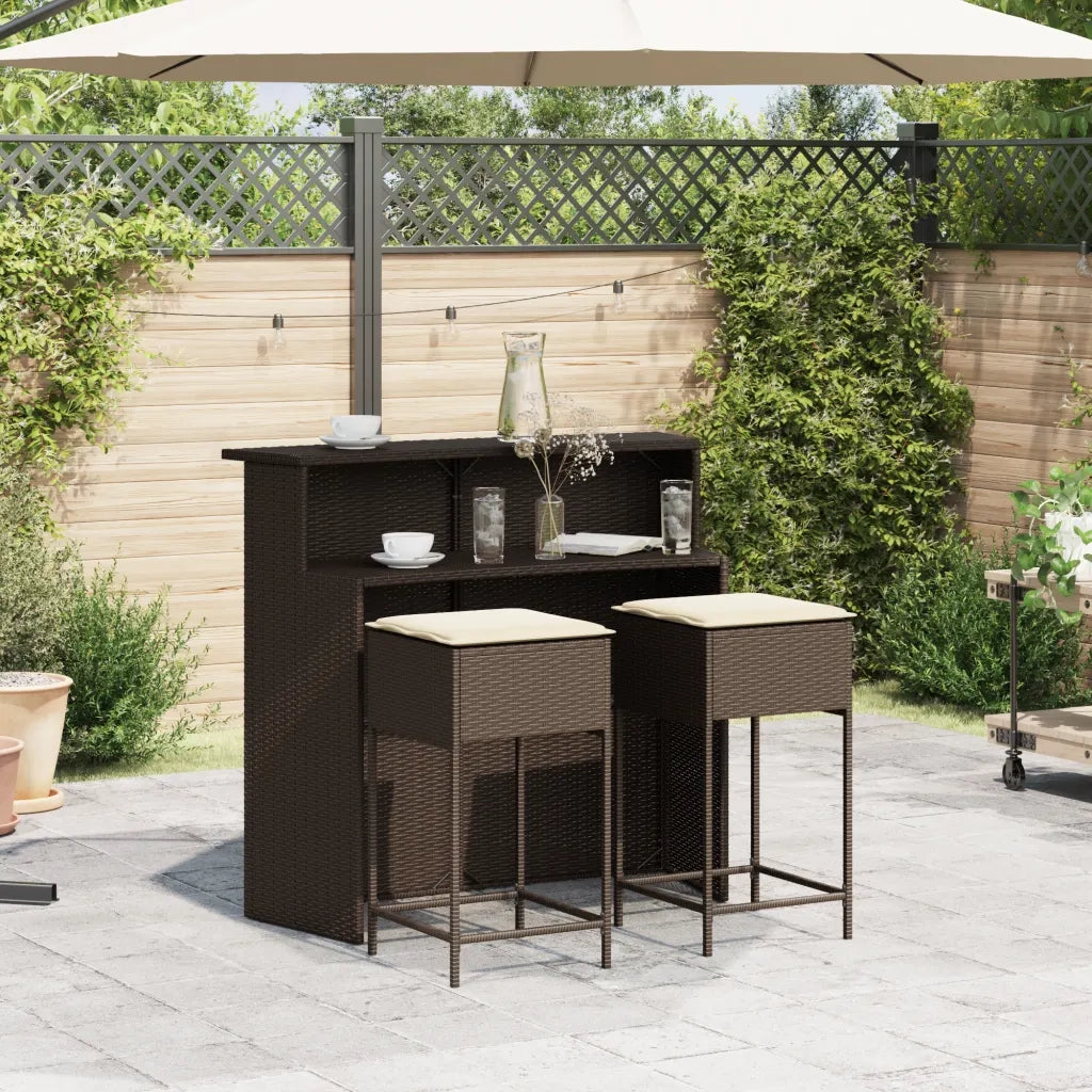Set Bar da Giardino 3 pz con Cuscini in Polyrattan Marrone 3261484