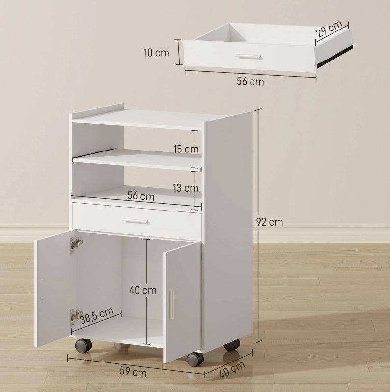 Mobile armadio da cucina bianco con doppia porta, cassetto e ripiani per microonde