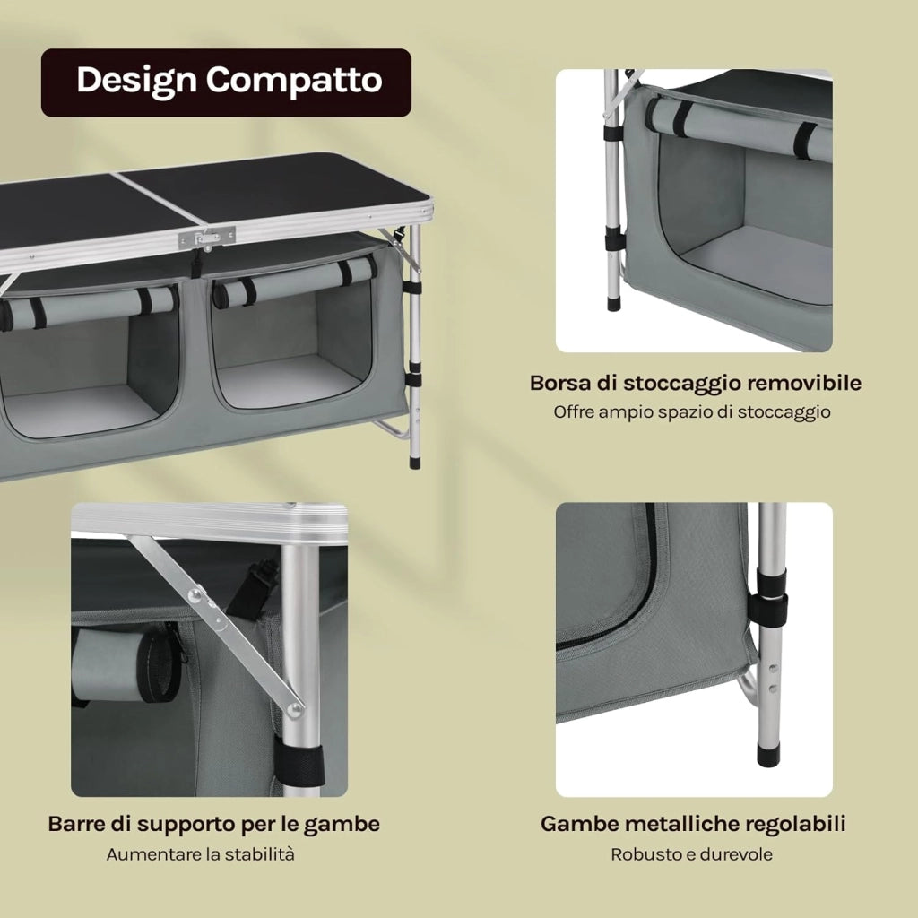 Tavolo da Picnic Pieghevole, Mobile Cucina da Campeggio, Esterno, in MDF e alluminio con 2 Scomparti Regolabili in Altezza, 120 x 47 x 62/69.5 cm