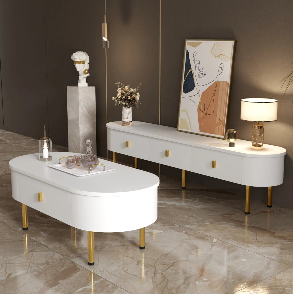 Set tavolino e mobile TV 174 cm bianco MDF, cassetti e bordi arrotondati