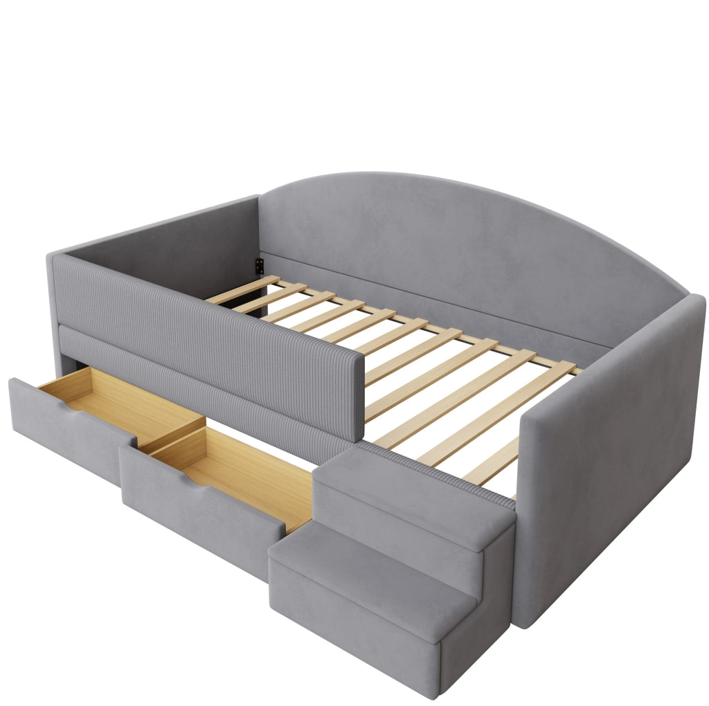 Letto imbottito 90x190 cm con due cassetti e scalini in velluto
