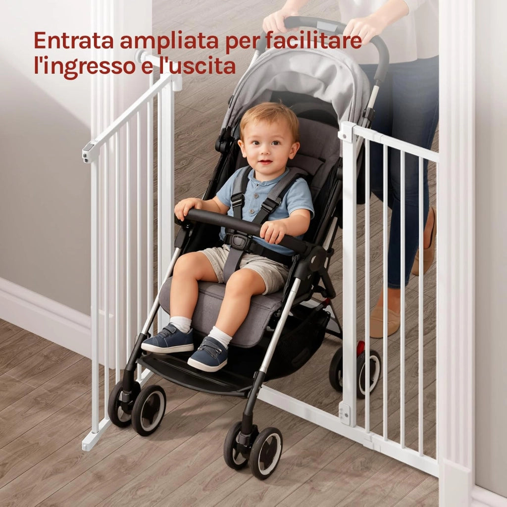 Cancelletto per Bambini in Metallo, Cancello per Scale e Porte con Apertura 75-107cm, Cancelletto per Cani Apribile in 2 Direzioni, Chiusura Doppia, Montaggio con/senza Foratura, Bianco