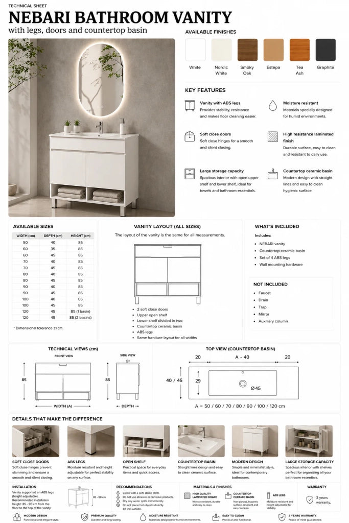 Mobile bagno con piedini con lavabo extrapiano ORIGENBATH NEBARI senza specchio 120x45 cm doppio lavabo bianco nordico