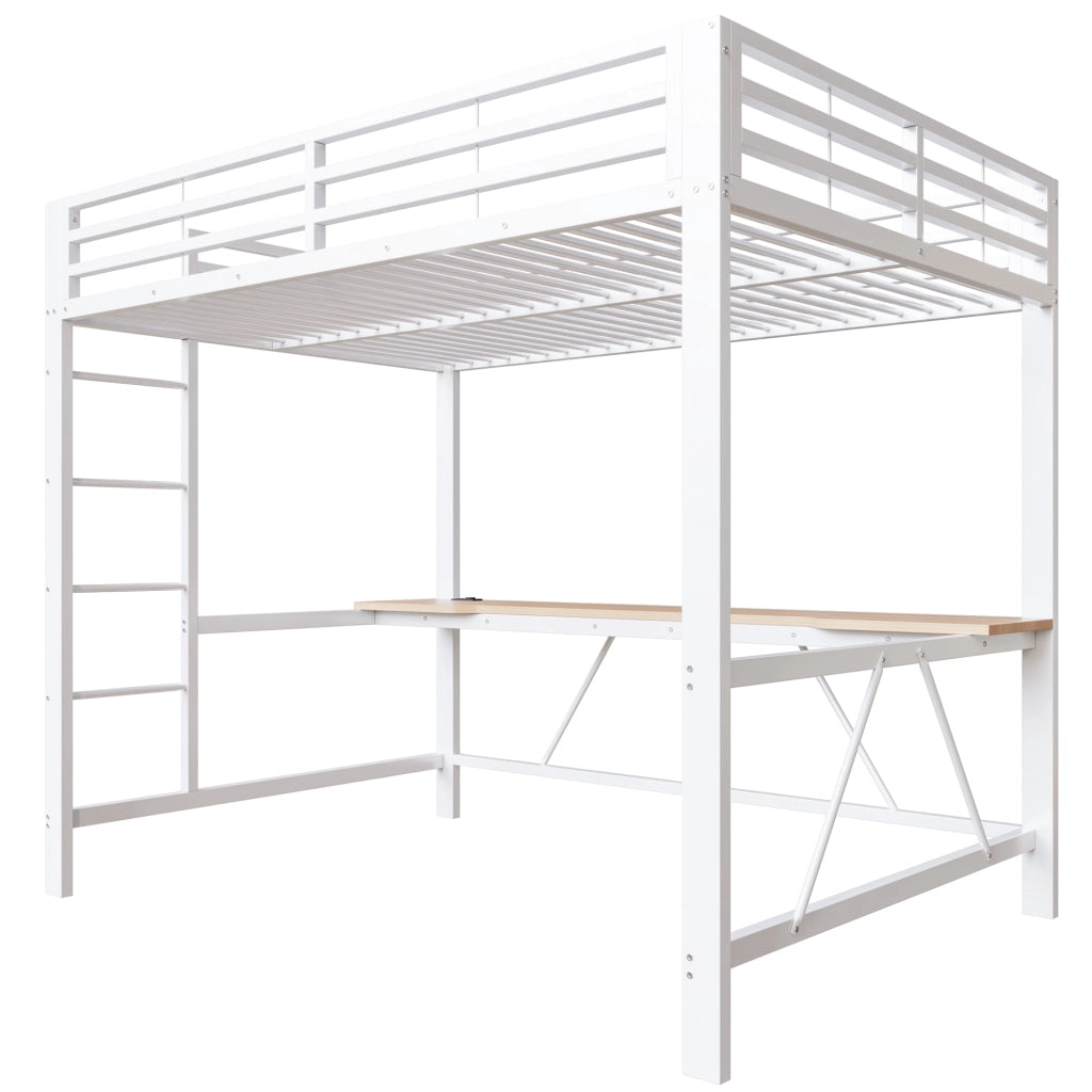 Letto a Soppalco 140x200 cm; con Scrivania e LED - in MDF e Metallo - Bianco