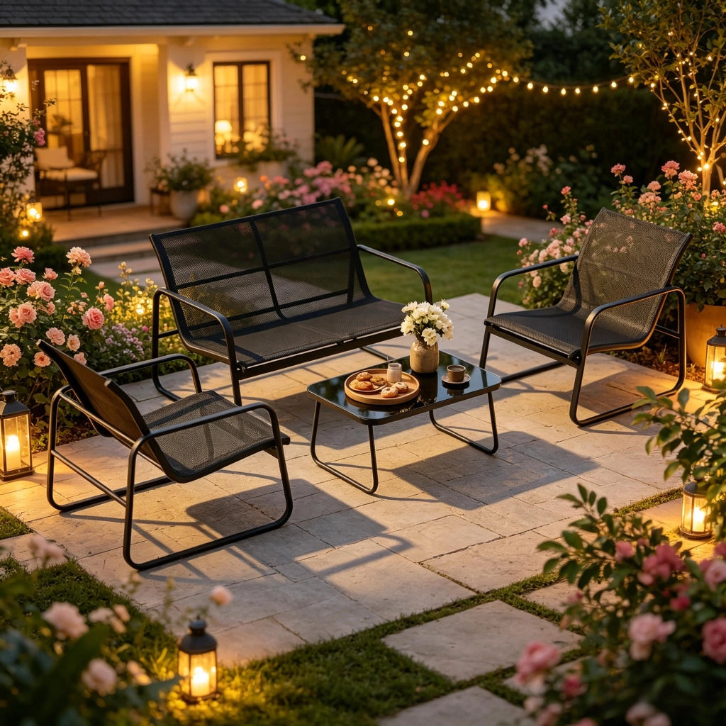 SALOTTO DA GIARDINO Set da 4 pezzi nero in acciaio e vetro temperato