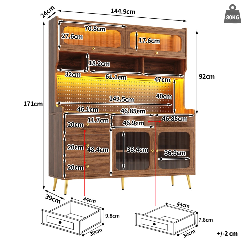Mobile Alto Multiuso con LED, Cassetto e Ripiani in Vetro ¨C Xylo ¨C Noce, 145x39x171