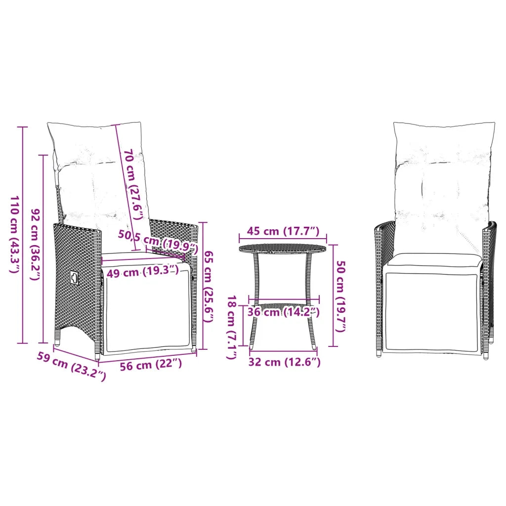 Set da BistrÃ² 3 pz con Cuscini Beige in Polyrattan