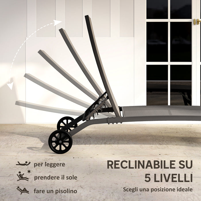 Set 2 Lettini Prendisole 66x165x102 cm con Schienale Reclinabile in Alluminio e Tessuto Traspirante Grigio Scuro