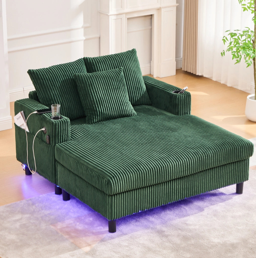 Poltrona relax extra large con LED; USB e porta bicchiere 142x128x85 cm in velluto a coste verde smeraldo