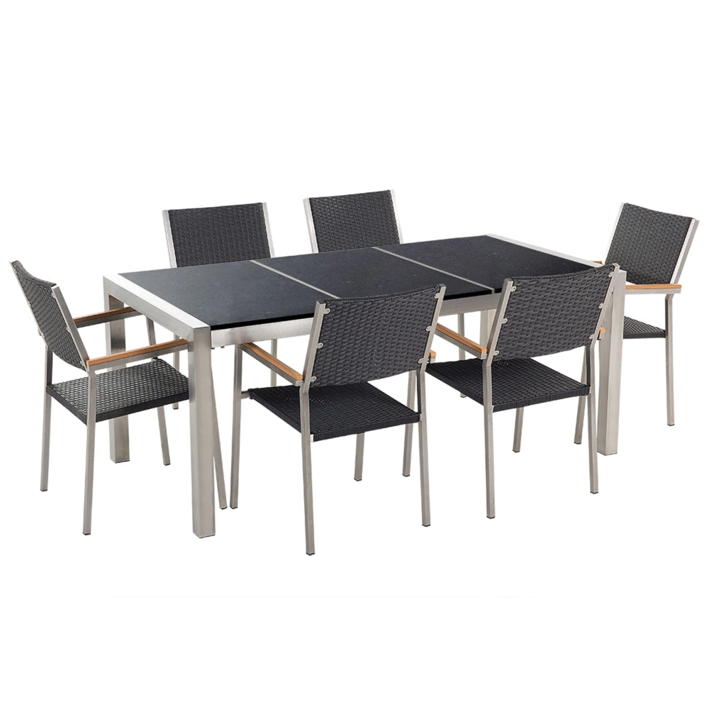 Set da pranzo da giardino Nero con piano in granito Nero sedie in rattan 6 posti 180 x 90 cm piastra tripla