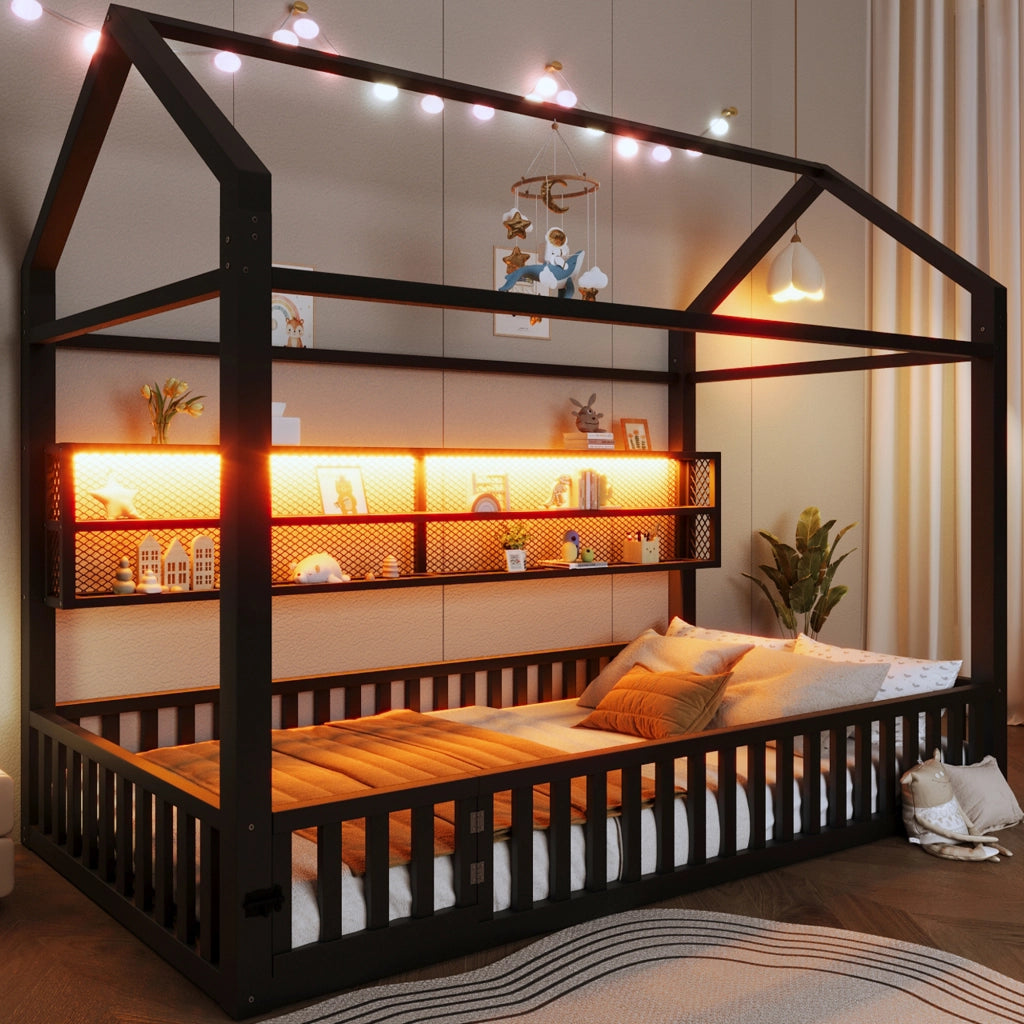 DESMIU Letto a Casetta per Bambini 1 Posto con Sponda e LED 90 × 200 cm, senza materasso, in Metallo, Nero