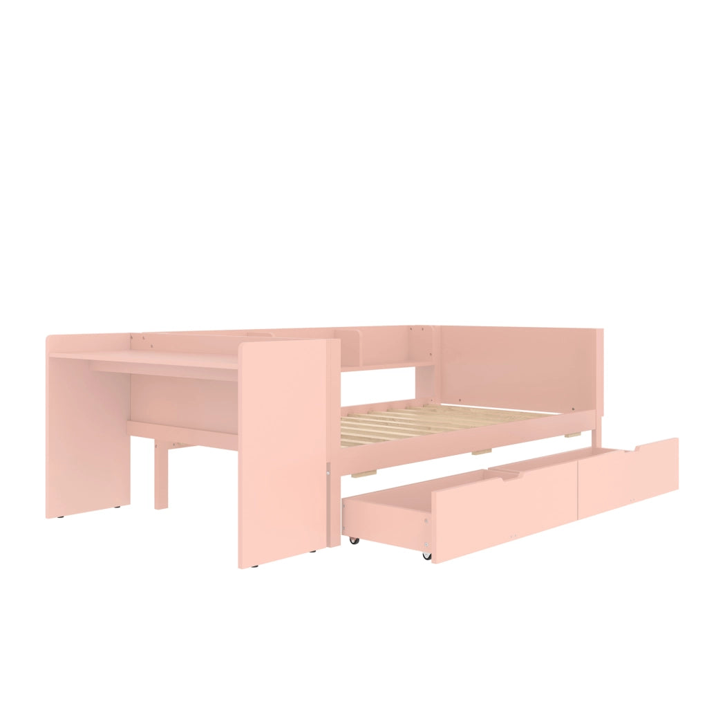 Letto 90x200 cm con scrivania; 2 cassetti e ripiani in pino e truciolare bianco/rosa