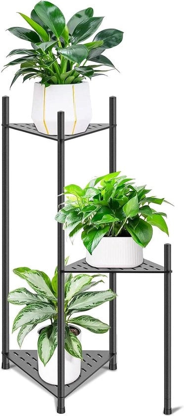 Supporto per Pianta a Tre Livelli in Metallo Nero per Angolo per Piante Multiple | Supporto per Vaso di Fiori per Uso Indoor e Outdoor | Design a Tre Angoli | Ripiano per Display di Pianta per Giardino, Balcone, Terrazza