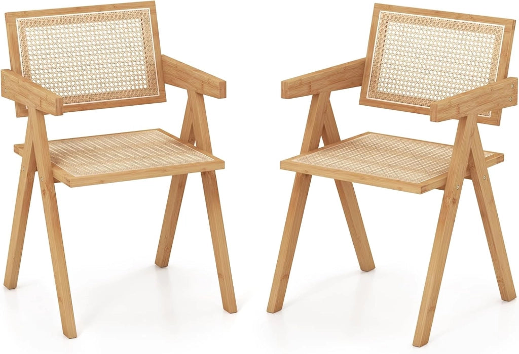 Set di 4 Sedie in Bambù 50 x 52 x 81cm, Sedie da Cucina Moderno con Schienale Ergonomico in Rattan, 4 Piedini in Feltro e Braccioli, Poltrone per Sala da Pranzo, Soggiorno e Ristorante (2)