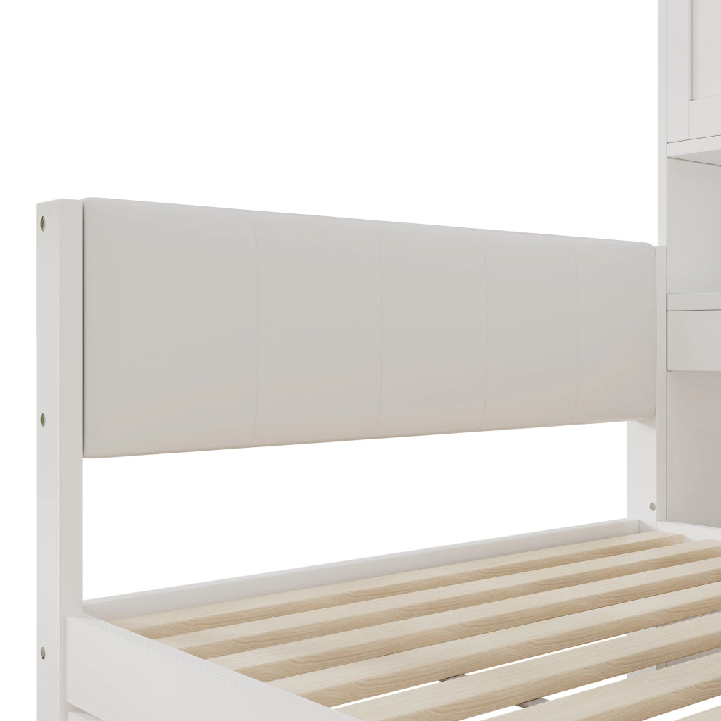 Letto singolo 90x200 con contenitore, LED, USB/USB-C e scaffali laterali in MDF bianco